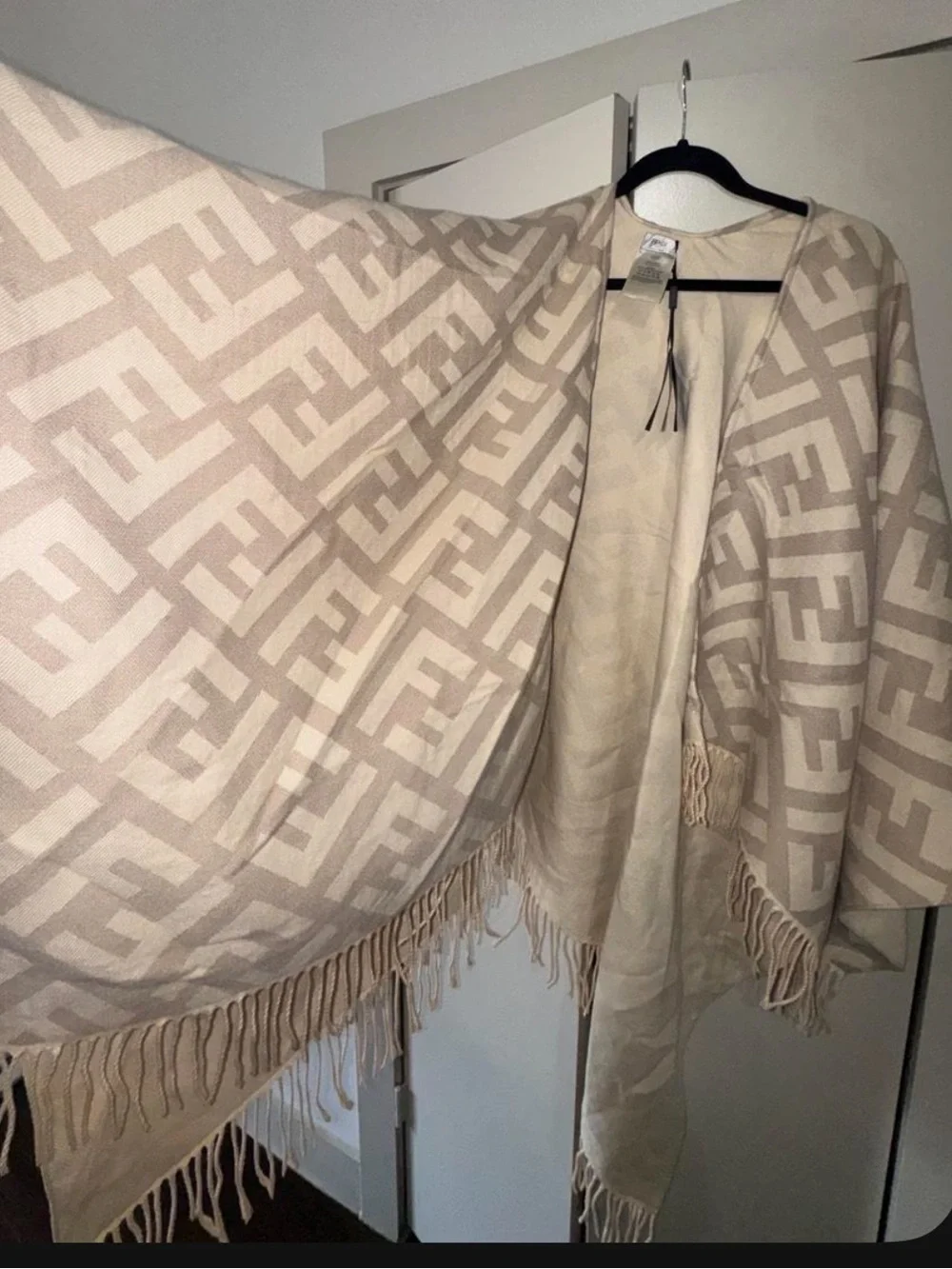 Fendi Beige and Cream Logo-Paneled Fringe Wrap